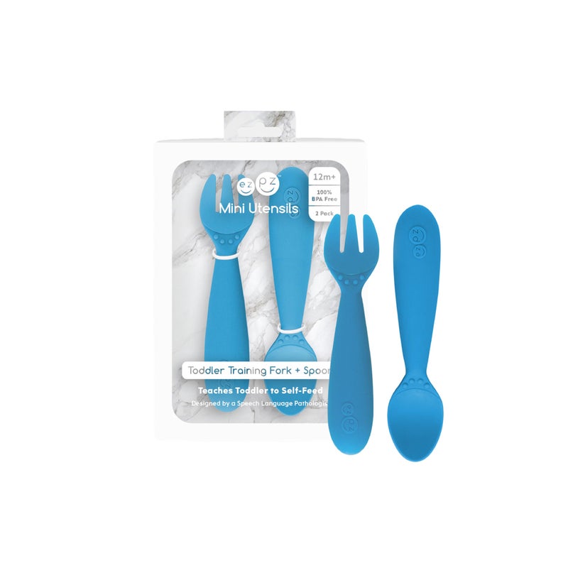 ezpz Mini Utensils - 12 Months+ (Fork & Spoon in Blue) - 100% BPA Free Fork and Spoon - Toddler Utensils - Designed by a Pediatric Feeding Specialist - Image 1
